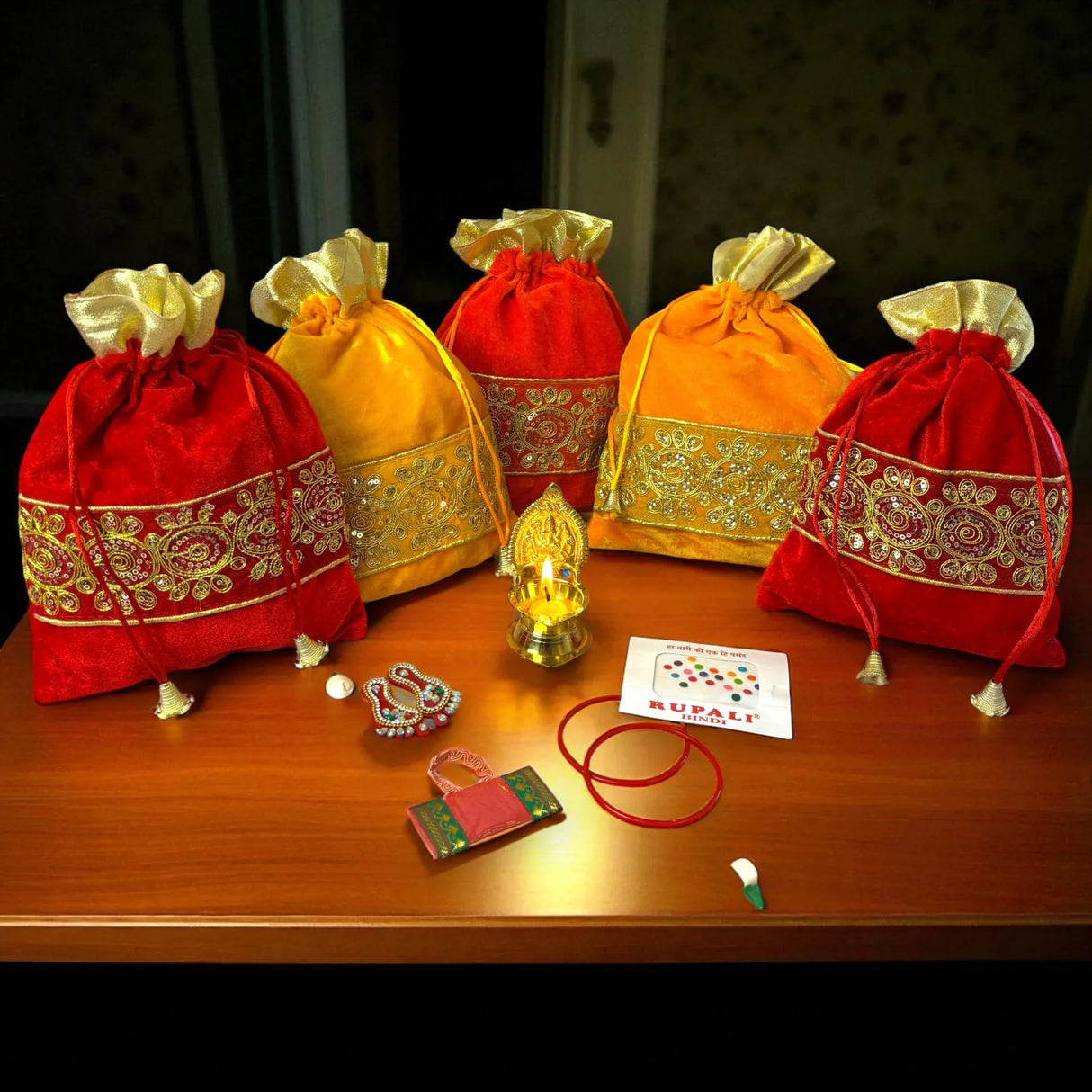 Varalakshmi Vratham Gift Hamper Navaratri Vratha Hindu Religious Teej Karva Chauth Bulk Pooja Housewarming Return Gifts - Potli Bags Haldi Kumkum Pack Kamakshi Diya Bindi Bangle Laxmi Feet - LoveNspire