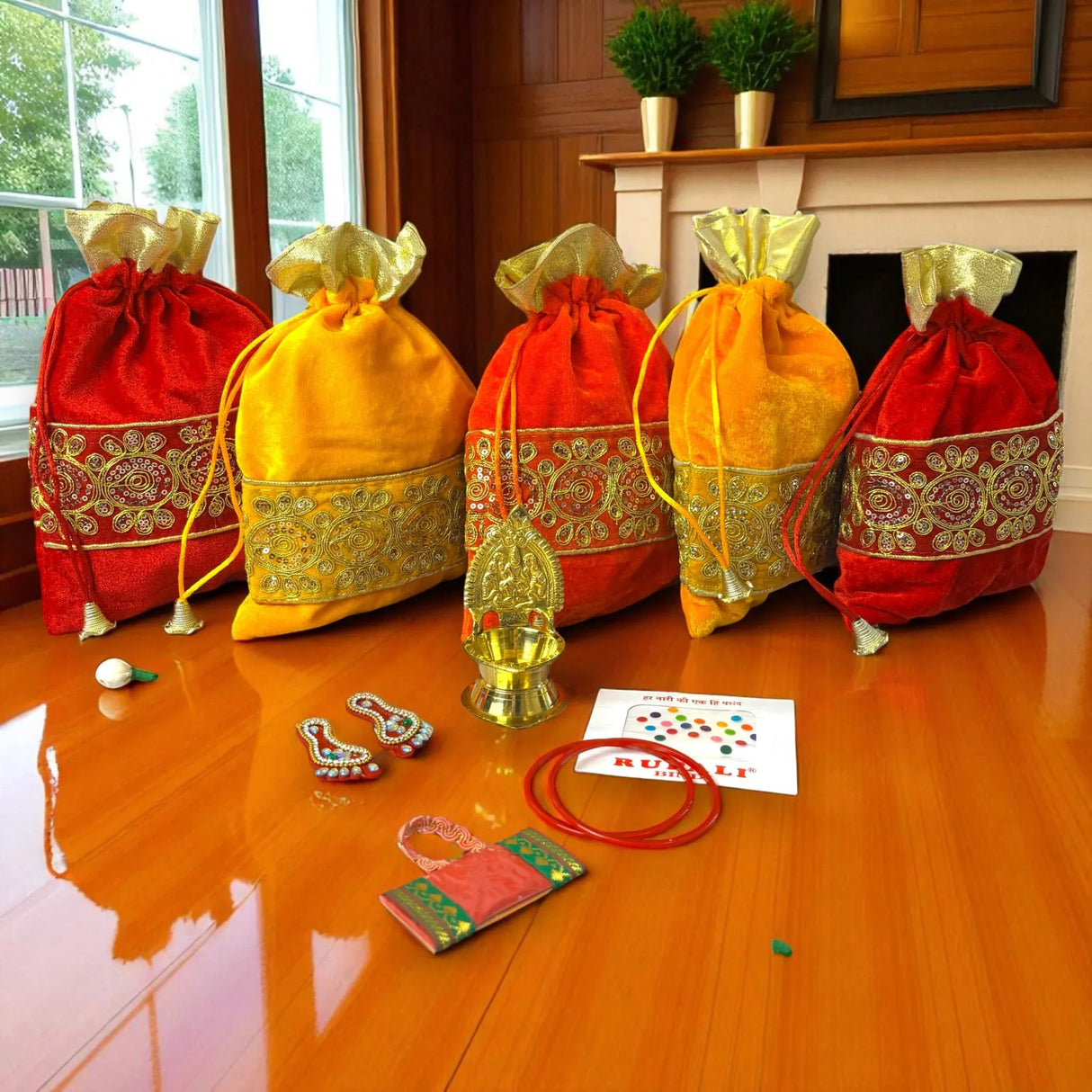 Varalakshmi Vratham Gift Hamper Navaratri Vratha Hindu Religious Teej Karva Chauth Bulk Pooja Housewarming Return Gifts - Potli Bags Haldi Kumkum Pack Kamakshi Diya Bindi Bangle Laxmi Feet - LoveNspire