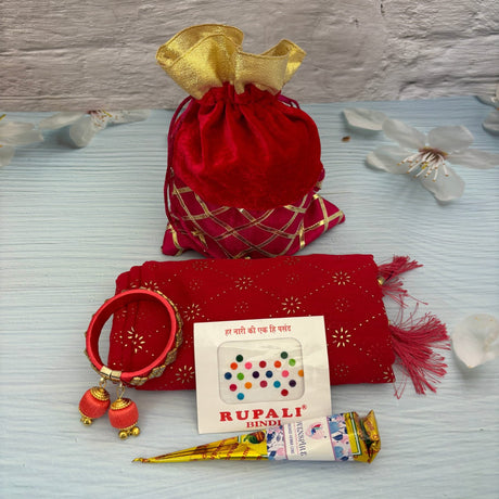 Navratri Gift Hamper Teej Karva Chauth Varalakshmi Vratham Sankranti Puja Housewarming Return Gifts - Potli Bag Dupatta Mehndi Cone Bindi Free Size Bangle Bracelet - LoveNspire