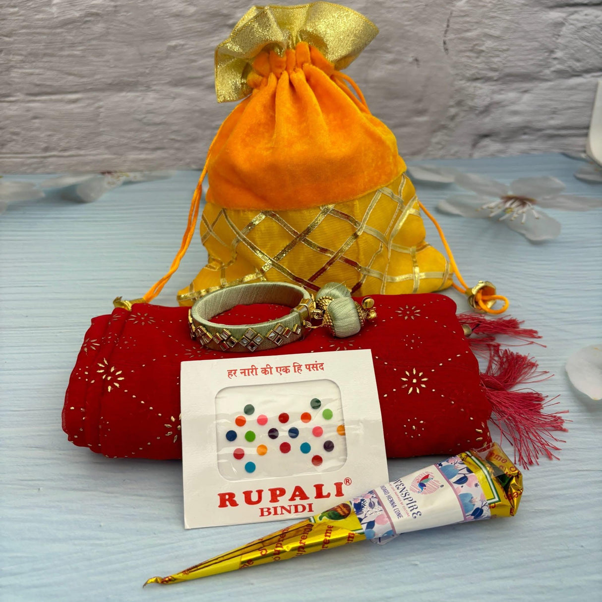 Navratri Gift Hamper Teej Karva Chauth Varalakshmi Vratham Sankranti Puja Housewarming Return Gifts - Potli Bag Dupatta Mehndi Cone Bindi Free Size Bangle Bracelet - LoveNspire
