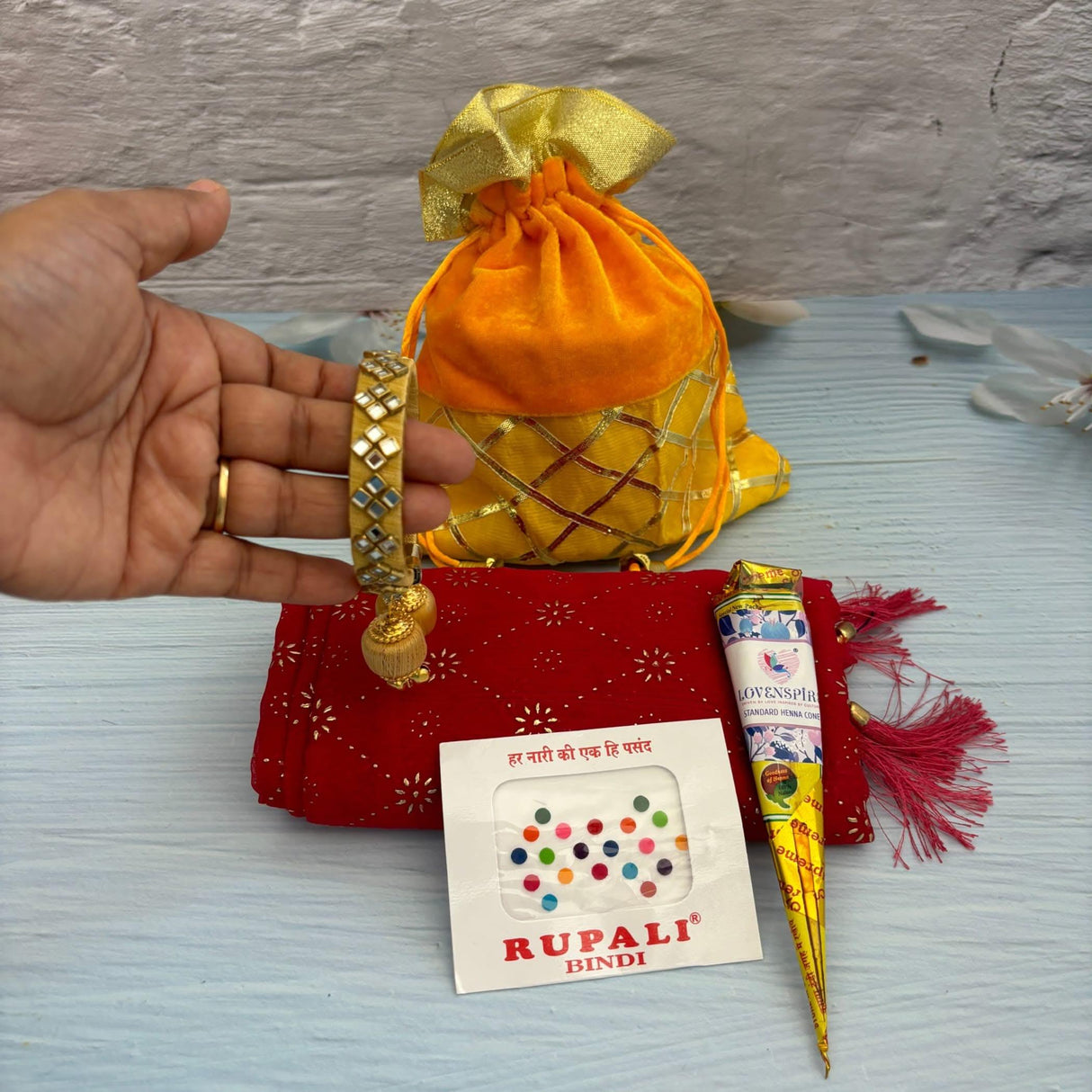 Navratri Gift Hamper Teej Karva Chauth Varalakshmi Vratham Sankranti Puja Housewarming Return Gifts - Potli Bag Dupatta Mehndi Cone Bindi Free Size Bangle Bracelet - LoveNspire