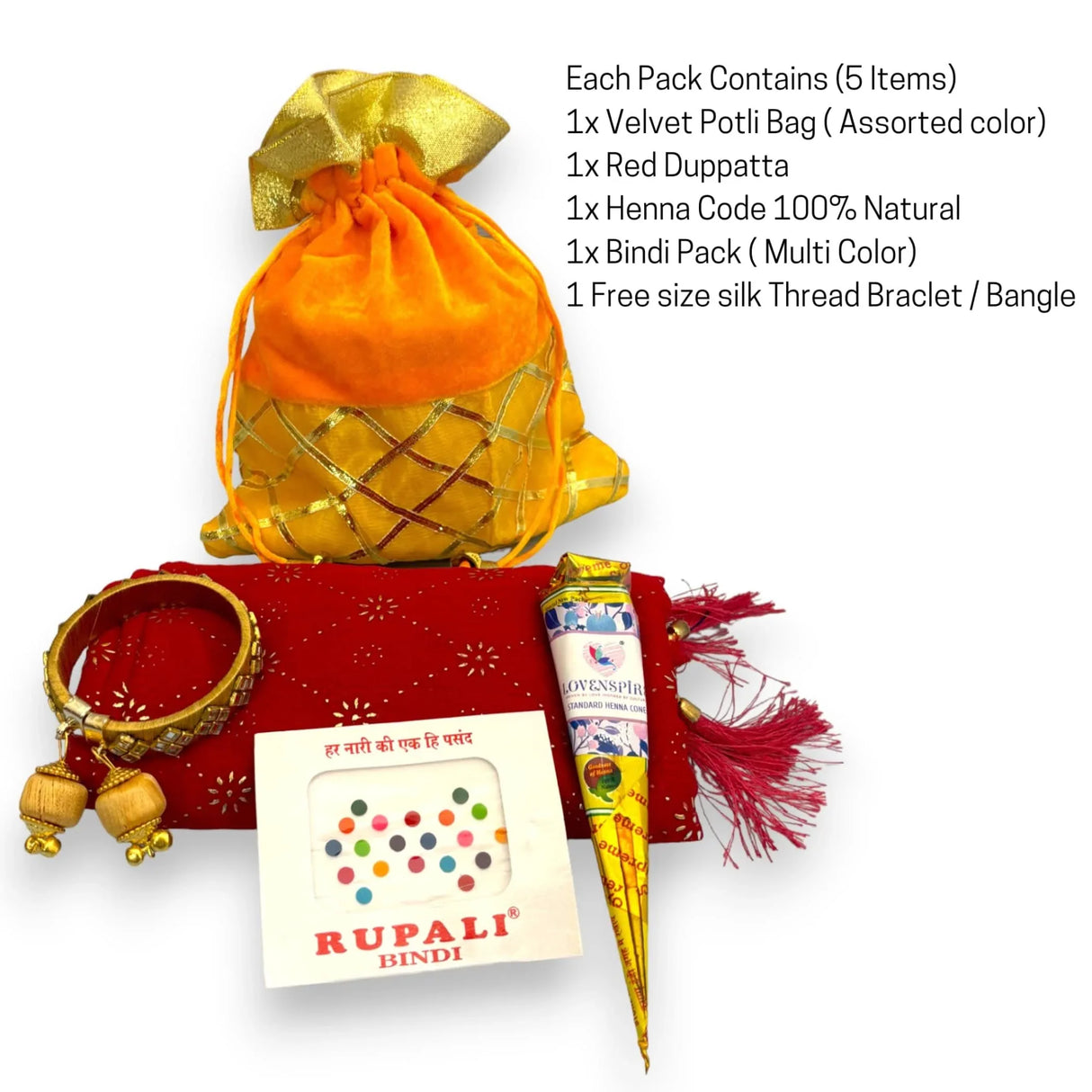 Navratri Gift Hamper Teej Karva Chauth Varalakshmi Vratham Sankranti Puja Housewarming Return Gifts - Potli Bag Dupatta Mehndi Cone Bindi Free Size Bangle Bracelet - LoveNspire