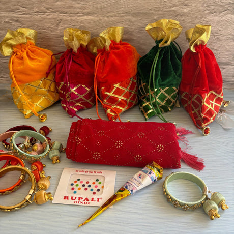 Navratri Gift Hamper Teej Karva Chauth Varalakshmi Vratham Sankranti Puja Housewarming Return Gifts - Potli Bag Dupatta Mehndi Cone Bindi Free Size Bangle Bracelet - LoveNspire