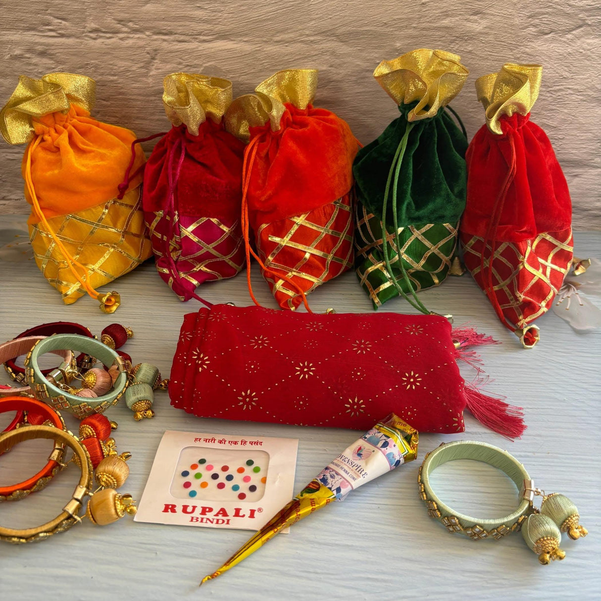 Navratri Gift Hamper Teej Karva Chauth Varalakshmi Vratham Sankranti Puja Housewarming Return Gifts - Potli Bag Dupatta Mehndi Cone Bindi Free Size Bangle Bracelet - LoveNspire