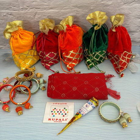 Navratri Gift Hamper Teej Karva Chauth Varalakshmi Vratham Sankranti Puja Housewarming Return Gifts - Potli Bag Dupatta Mehndi Cone Bindi Free Size Bangle Bracelet - LoveNspire