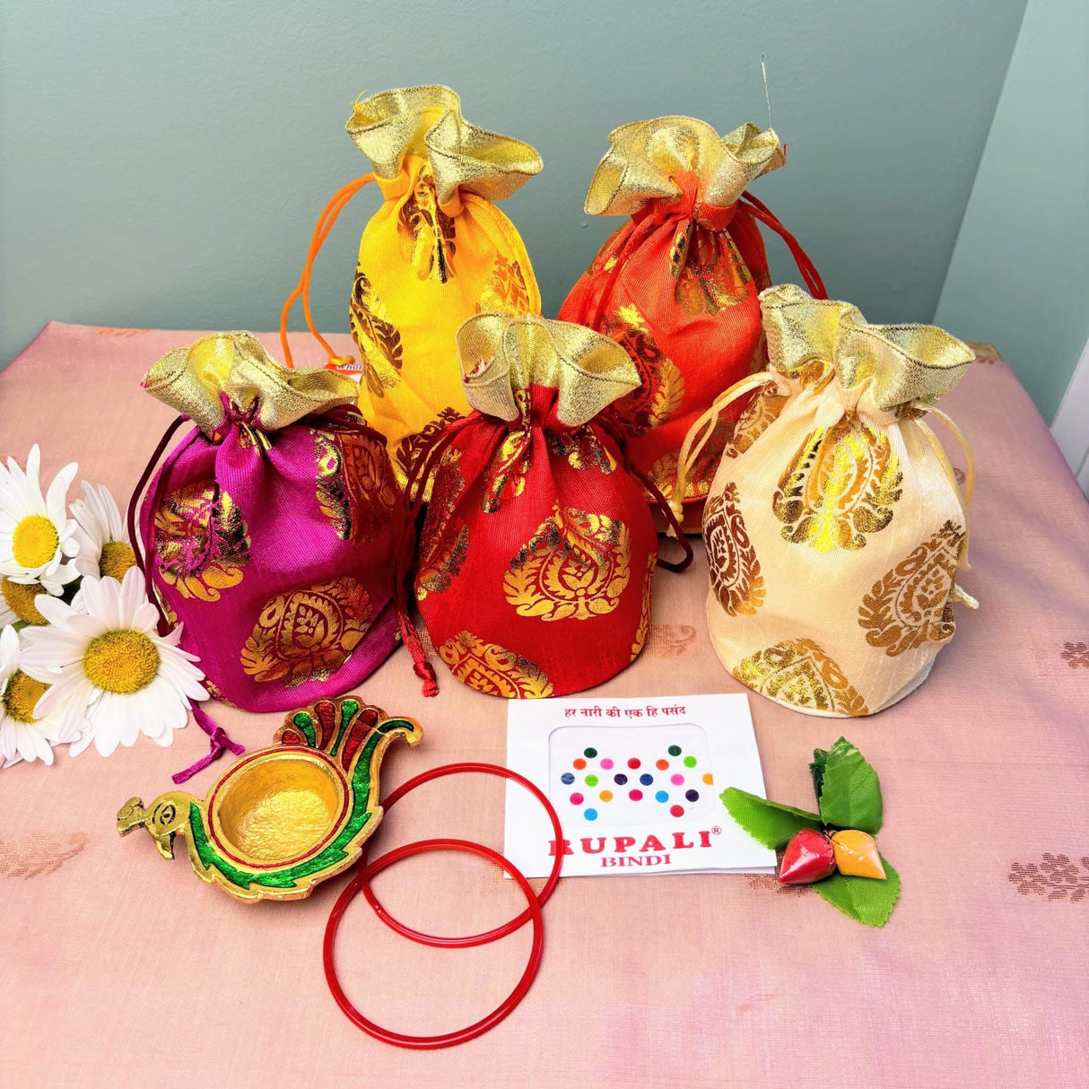 Varalakshmi Vratham Gift Hamper Navaratri Vratha Hindu Religious Teej Karva Chauth Sankranti Pooja Housewarming Return Gifts Potli Bags Haldi Kumkum Bindi Packs Diya Bangle - LoveNspire