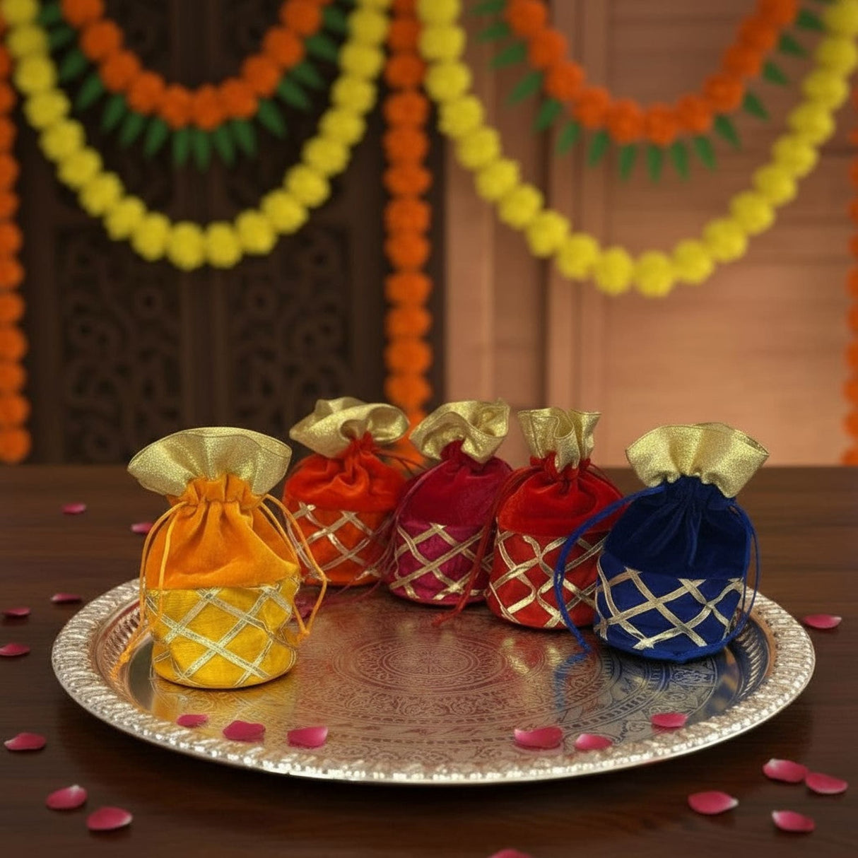 Vibrant embroidered Velvel Potli bags in orange, red, blue on silver tray