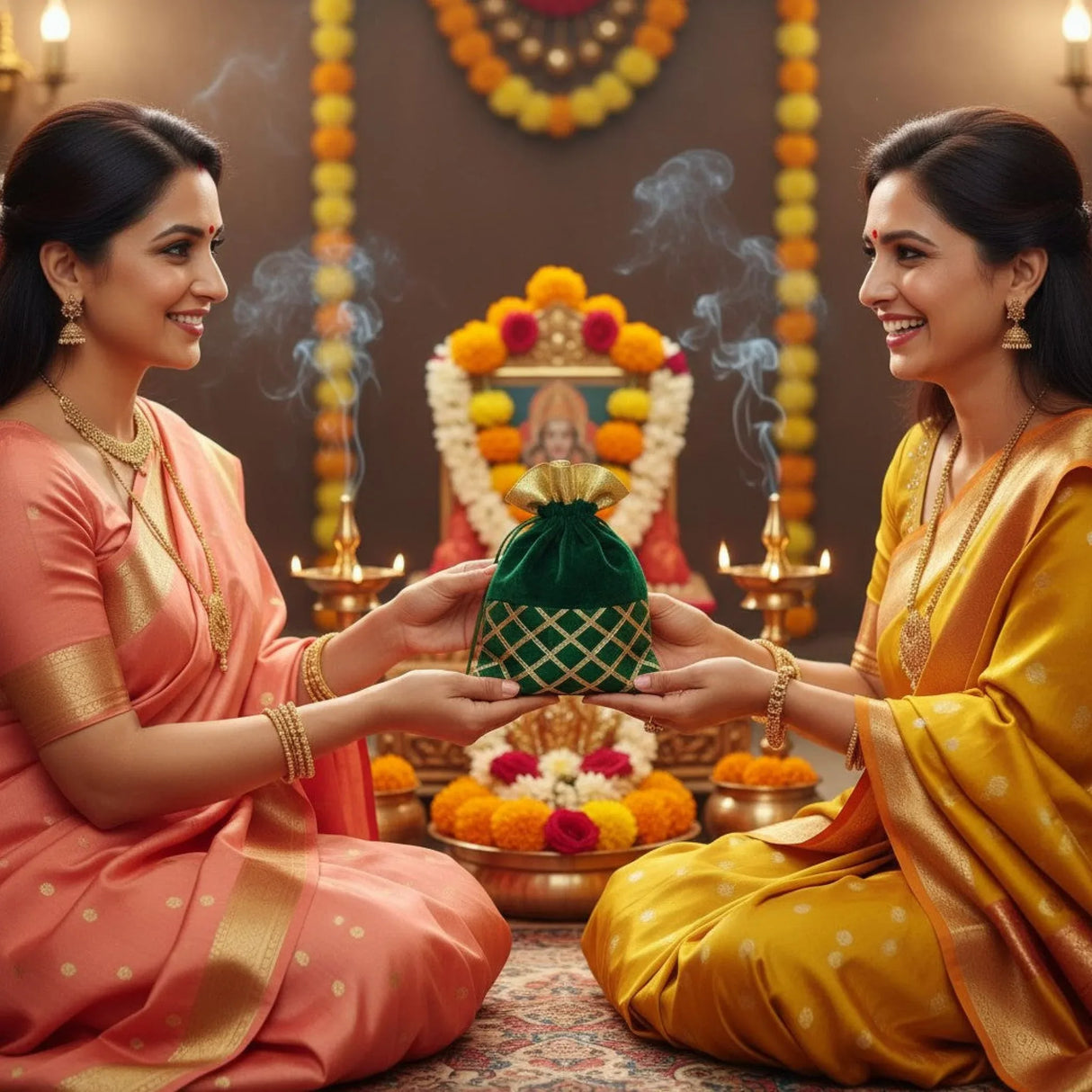 Varalakshmi Vratham Gift Hamper Navaratri Vratha Hindu Religious Teej Karva Chauth Sankranti Pooja Housewarming Return Gifts - Potli Bags Haldi Kumkum Holder Blouse Piece Diya Bindi Bangles - LoveNspire