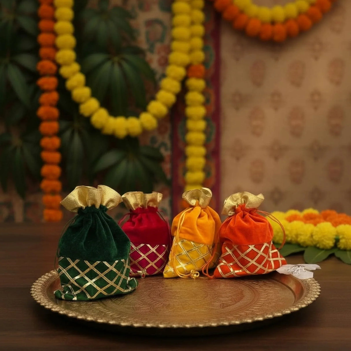 Varalakshmi Vratham Gift Hamper Navaratri Vratha Hindu Religious Teej Karva Chauth Sankranti Pooja Housewarming Return Gifts - Potli Bags Haldi Kumkum Holder Blouse Piece Diya Bindi Bangles - LoveNspire