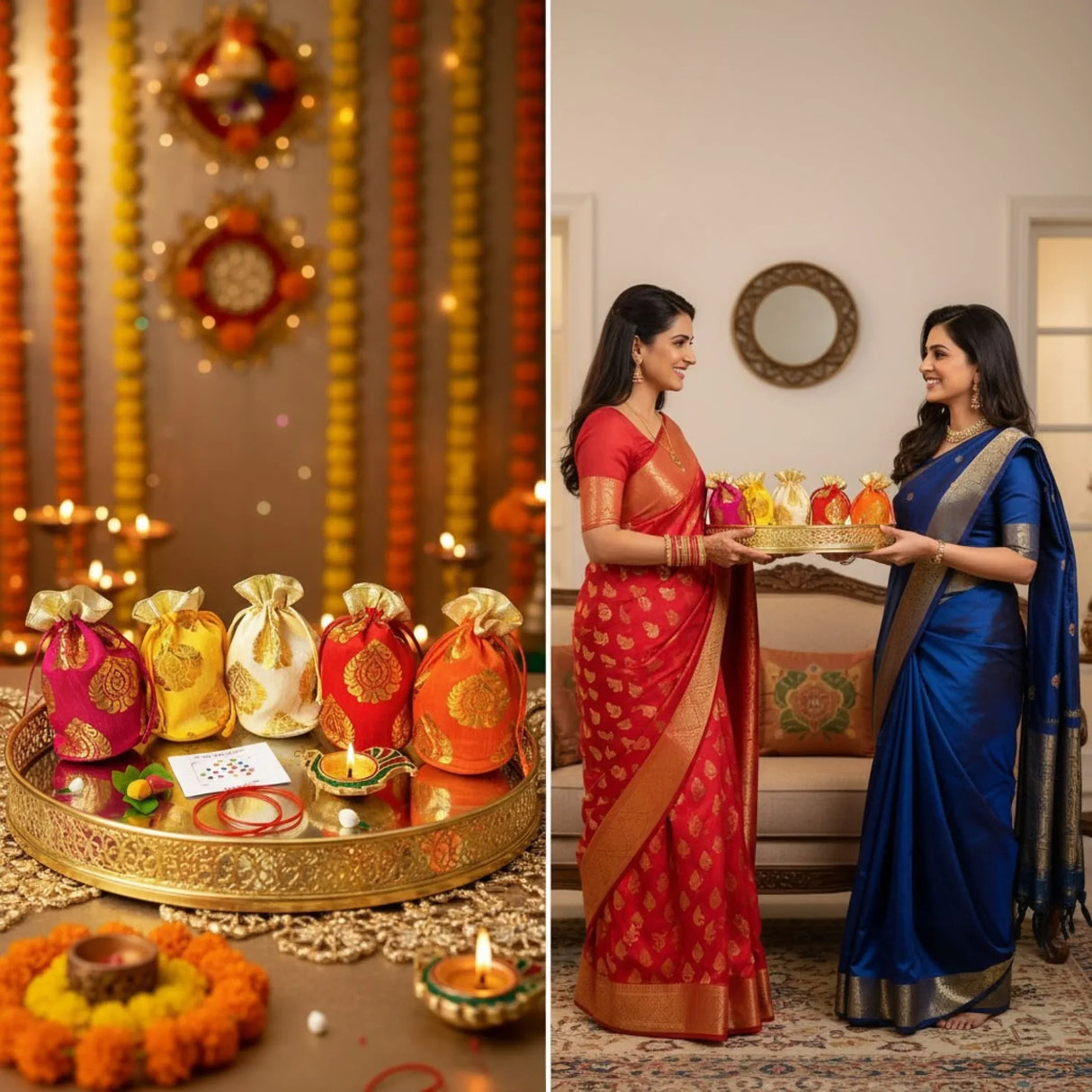 Varalakshmi Vratham Gift Hamper Navaratri Vratha Hindu Religious Teej Karva Chauth Sankranti Pooja Housewarming Return Gifts Potli Bags Haldi Kumkum Bindi Packs Diya Bangle - LoveNspire