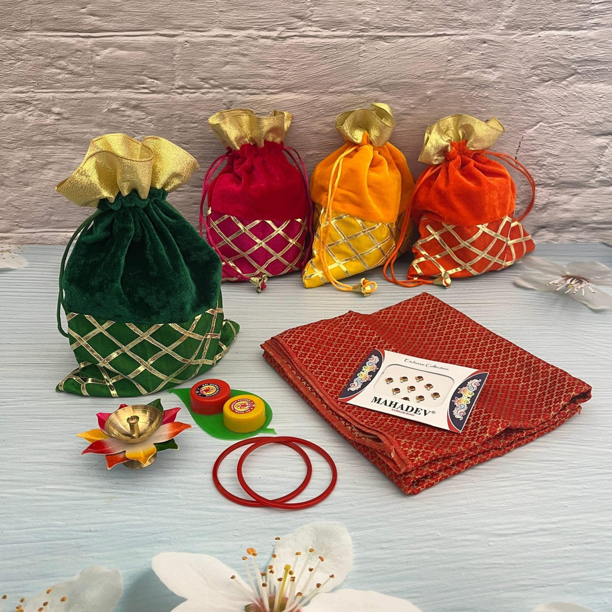Varalakshmi Vratham Gift Hamper Navaratri Vratha Hindu Religious Teej Karva Chauth Sankranti Pooja Housewarming Return Gifts - Potli Bags Haldi Kumkum Holder Blouse Piece Diya Bindi Bangles - LoveNspire