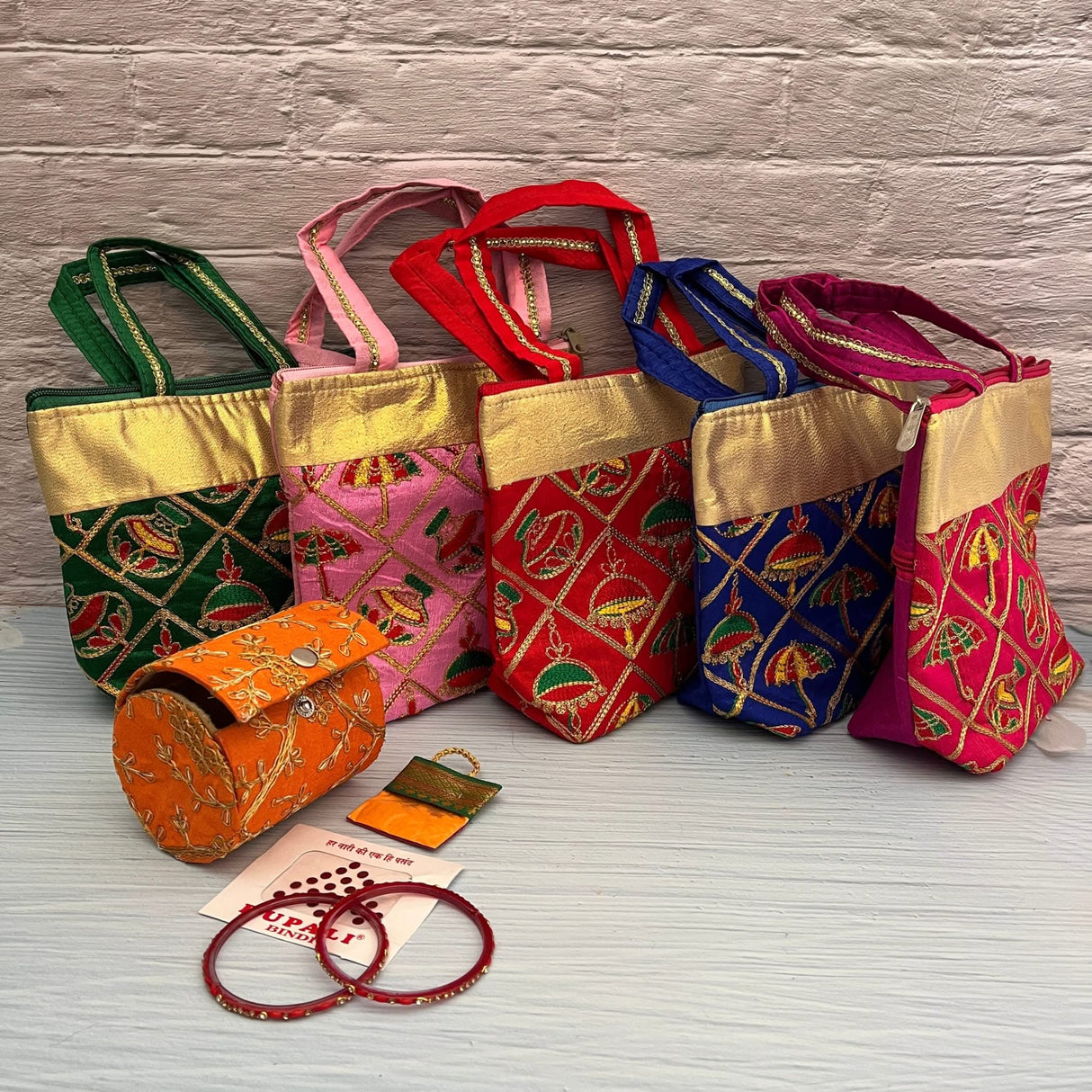 Varalakshmi Vratham Gift Hamper Navaratri Vratha Hindu Religious Teej Karva Chauth Pooja Housewarming Return Gifts - Hand Bags Haldi Kumkum Pack & Holder Blouse Piece Gajra Bindi Bangles - LoveNspire