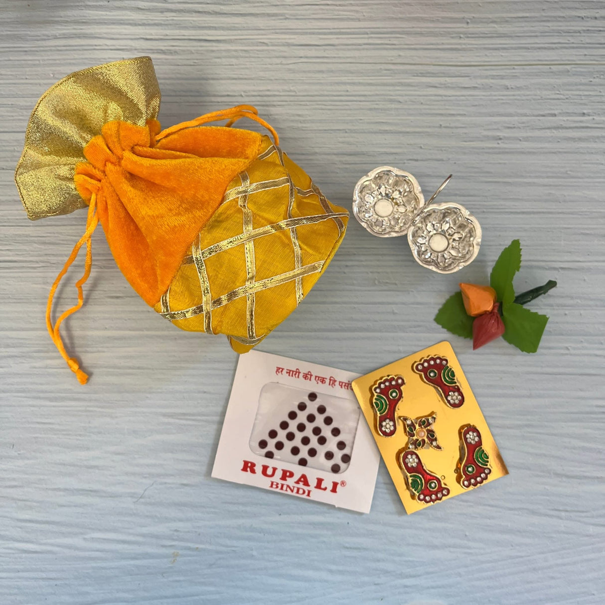 Varalakshmi Vratham Gift Hamper Navaratri Vratha Hindu Religious Teej Karva Chauth Sankranti Pooja Housewarming Return Gifts - Potli Bags Haldi Kumkum Pack & Holder Lakshmi Feet Bindi - LoveNspire
