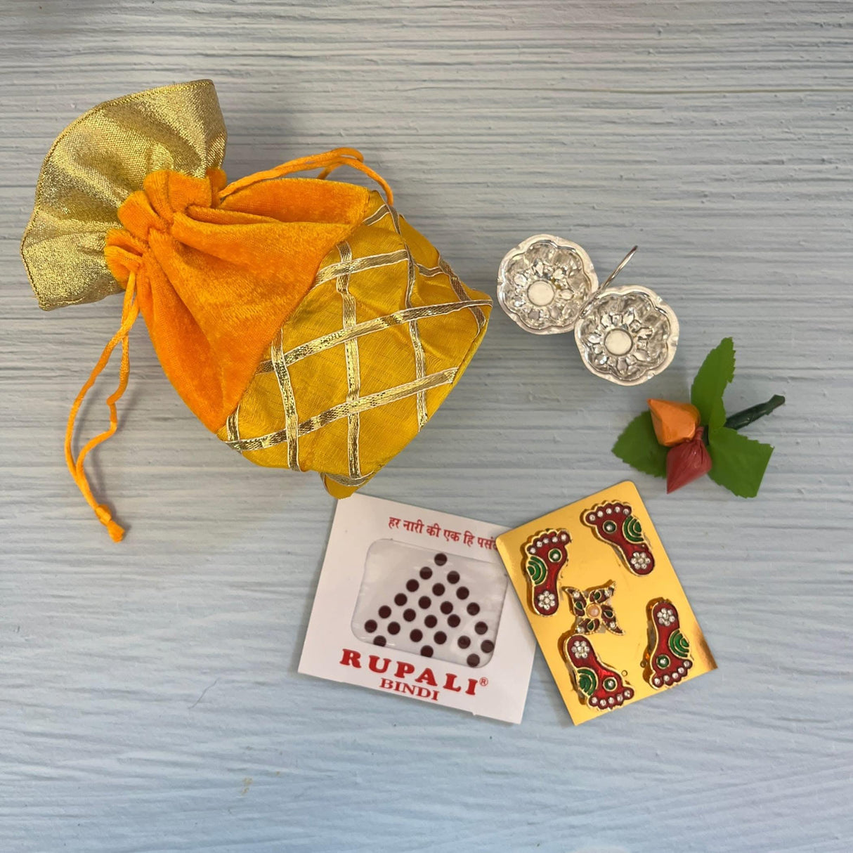Varalakshmi Vratham Gift Hamper Navaratri Vratha Hindu Religious Teej Karva Chauth Sankranti Pooja Housewarming Return Gifts - Potli Bags Haldi Kumkum Pack & Holder Lakshmi Feet Bindi - LoveNspire