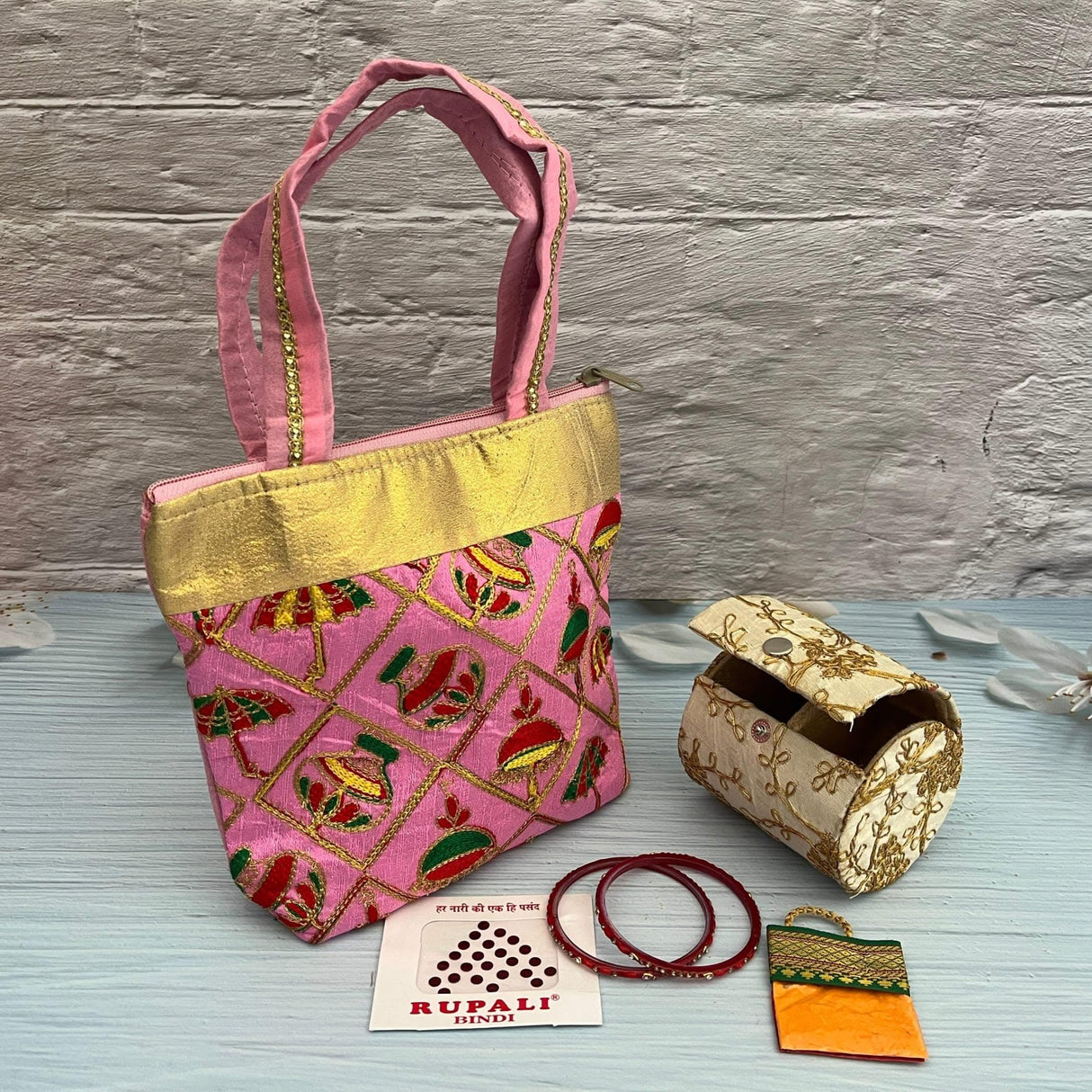 Varalakshmi Vratham Gift Hamper Navaratri Vratha Hindu Religious Teej Karva Chauth Pooja Housewarming Return Gifts - Hand Bags Haldi Kumkum Pack & Holder Blouse Piece Gajra Bindi Bangles - LoveNspire