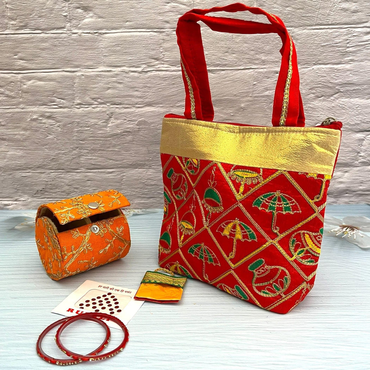 Varalakshmi Vratham Gift Hamper Navaratri Vratha Hindu Religious Teej Karva Chauth Pooja Housewarming Return Gifts - Hand Bags Haldi Kumkum Pack & Holder Blouse Piece Gajra Bindi Bangles - LoveNspire