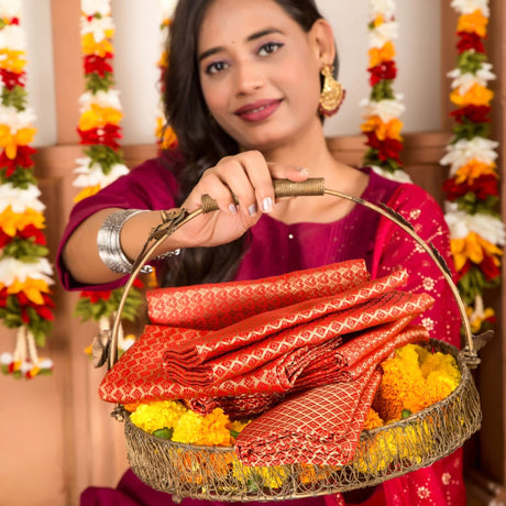 Varalakshmi Vratham Gift Hamper Navaratri Vratha Hindu Religious Teej Karva Chauth Sankranti Pooja Housewarming Return Gifts - Potli Bags Haldi Kumkum Holder Blouse Piece Diya Bindi Bangles - LoveNspire