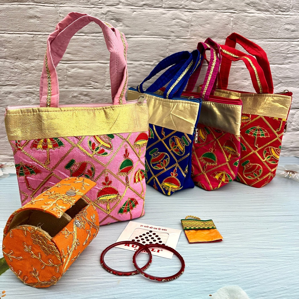 Varalakshmi Vratham Gift Hamper Navaratri Vratha Hindu Religious Teej Karva Chauth Pooja Housewarming Return Gifts - Hand Bags Haldi Kumkum Pack & Holder Blouse Piece Gajra Bindi Bangles - LoveNspire