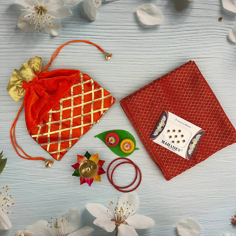 Varalakshmi Vratham Gift Hamper Navaratri Vratha Hindu Religious Teej Karva Chauth Sankranti Pooja Housewarming Return Gifts - Potli Bags Haldi Kumkum Holder Blouse Piece Diya Bindi Bangles - LoveNspire