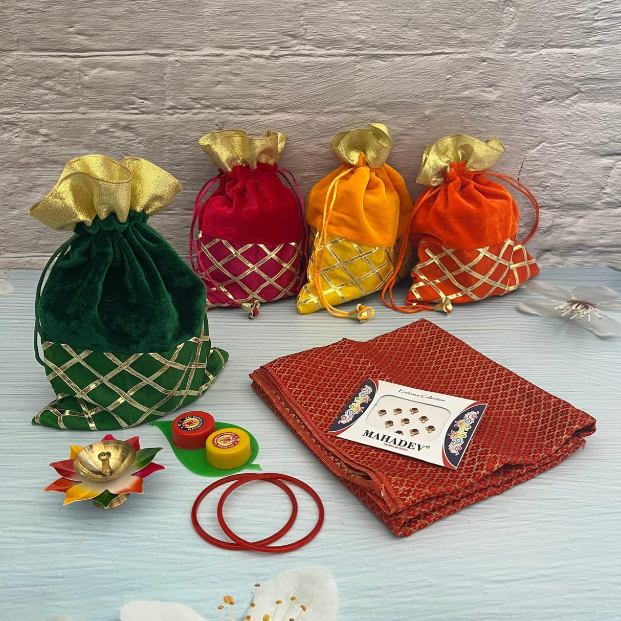 Varalakshmi Vratham Gift Hamper Navaratri Vratha Hindu Religious Teej Karva Chauth Sankranti Pooja Housewarming Return Gifts - Potli Bags Haldi Kumkum Holder Blouse Piece Diya Bindi Bangles - LoveNspire