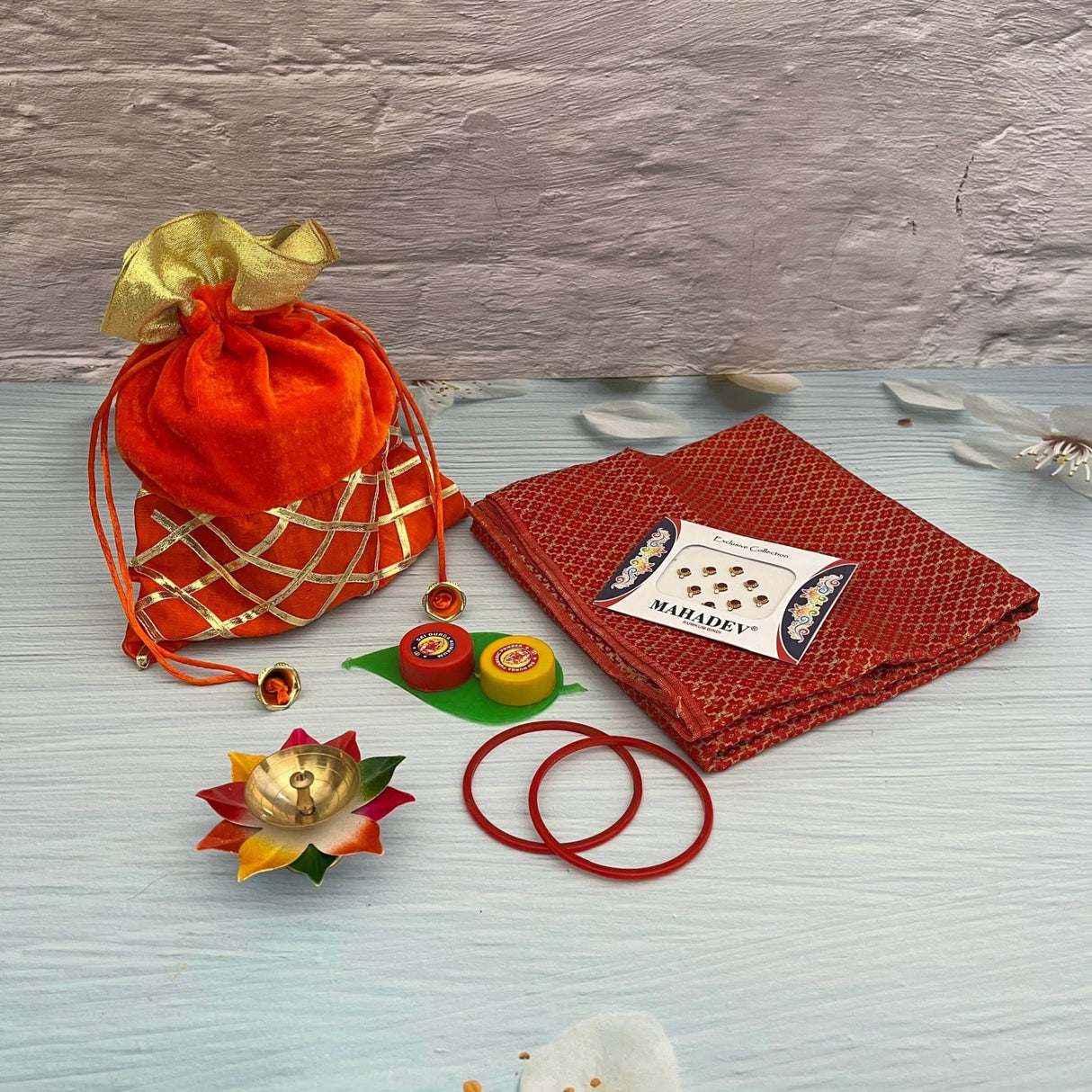 Varalakshmi Vratham Gift Hamper Navaratri Vratha Hindu Religious Teej Karva Chauth Sankranti Pooja Housewarming Return Gifts - Potli Bags Haldi Kumkum Holder Blouse Piece Diya Bindi Bangles - LoveNspire