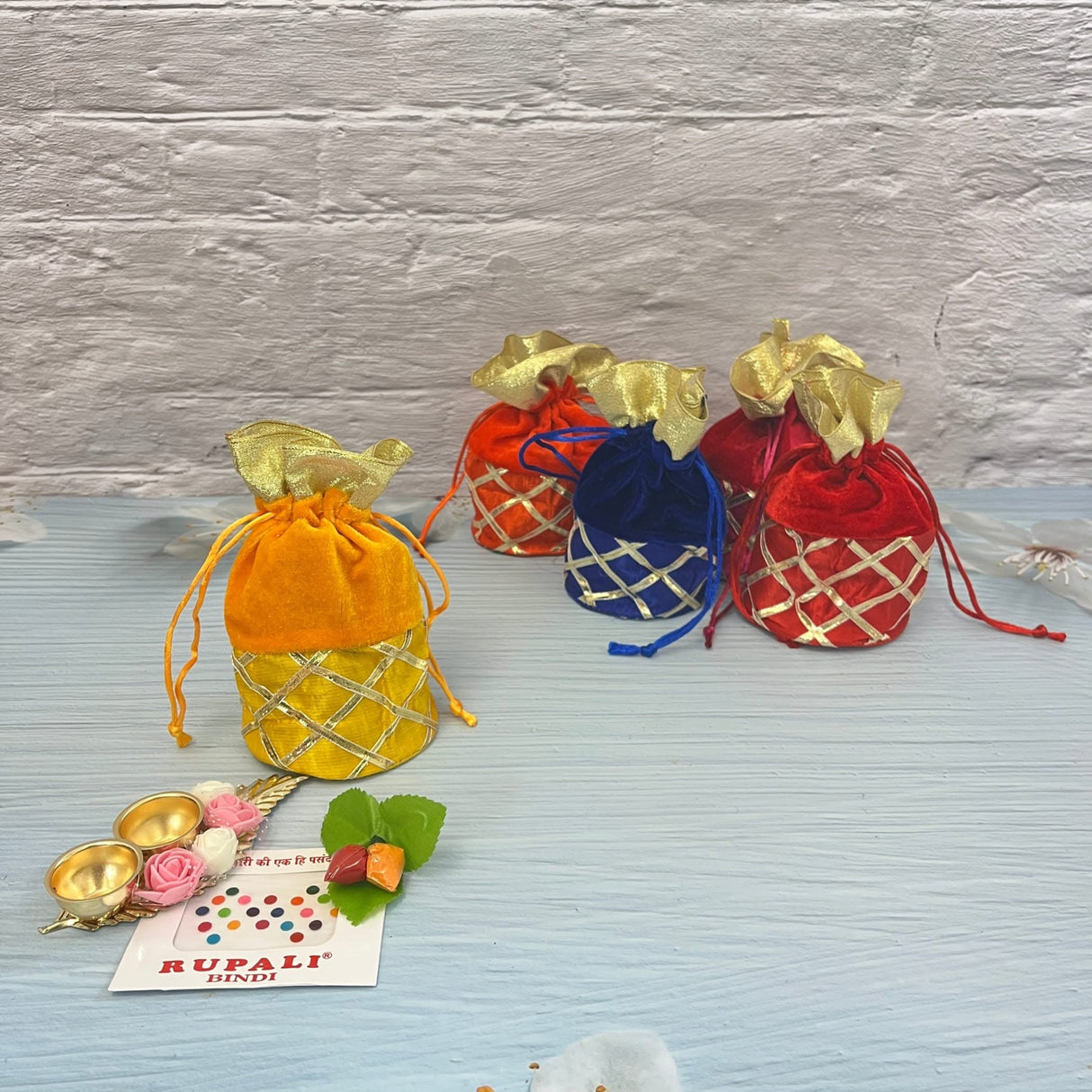 Varalakshmi Vratham Gift Hamper Navaratri Vratha Hindu Religious Teej Karva Chauth Sankranti Pooja Housewarming Return Gifts - Velvel Potli Bags Haldi Kumkum Packet & Holder Bindi Packs - LoveNspire