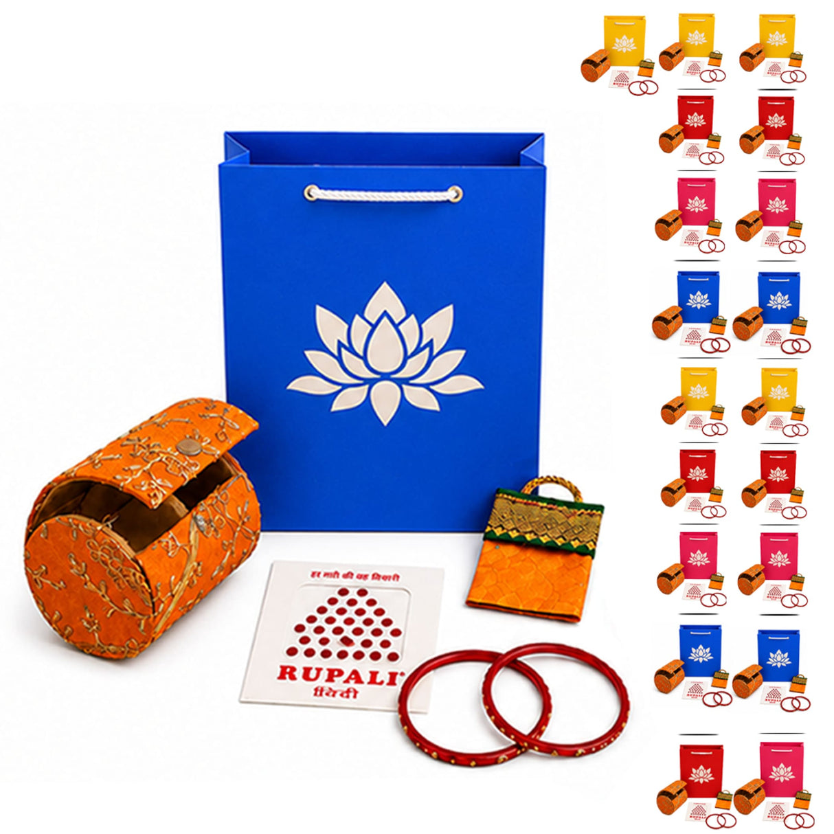 Orange embroidered cylindrical bangle box from varalakshmi vratham gift hamper for pooja and housewarming uses
