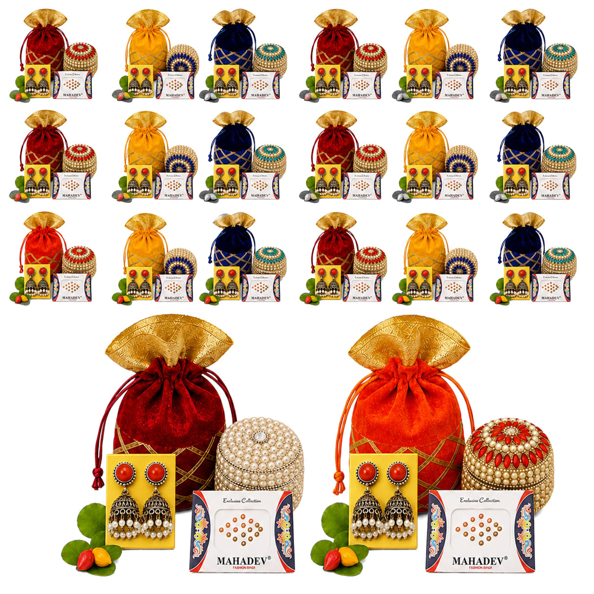 Red velvet drawstring potli pouch with gold trim and embroidered pattern for varalakshmi vratham gift hamper