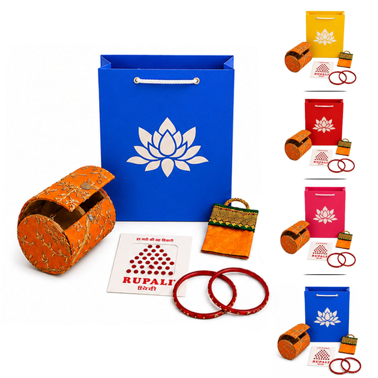 Orange embroidered cylindrical bangle box with flap closure and gold thread pattern in varalakshmi vratham gift hamper