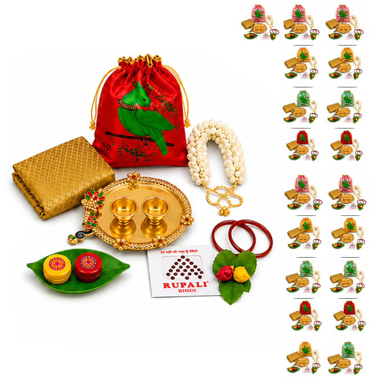 Red satin drawstring potli bag with green parrot design from Varalakshmi Vratham gift hamper for women