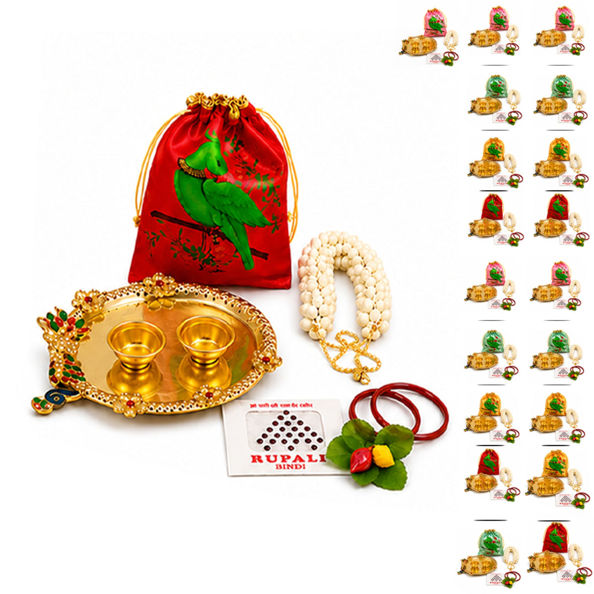Gold-plated ornate tray with two small cups and red gemstone accents in varalakshmi vratham gift hamper for women