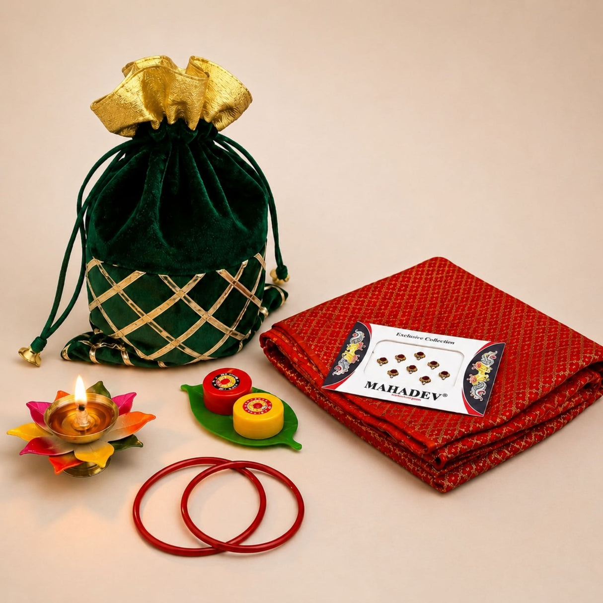 Deep green velvet drawstring potli bag with gold metallic lattice detail and golden fabric top for religious gift hampers
