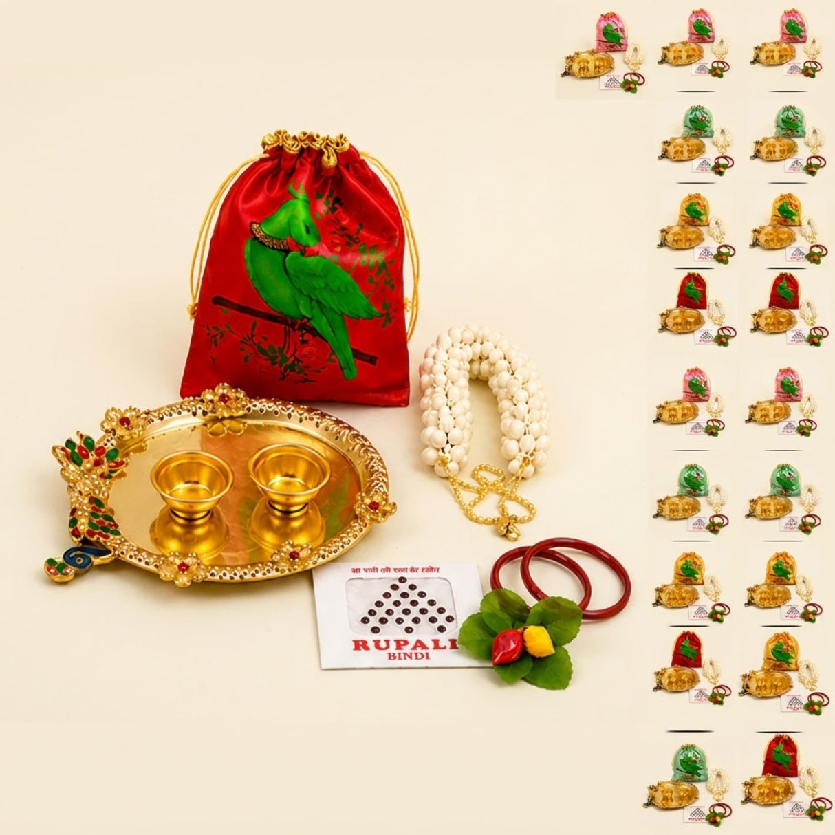 Red satin drawstring potli bag with embroidered green parrot for Varalakshmi Vratham gift hamper for women