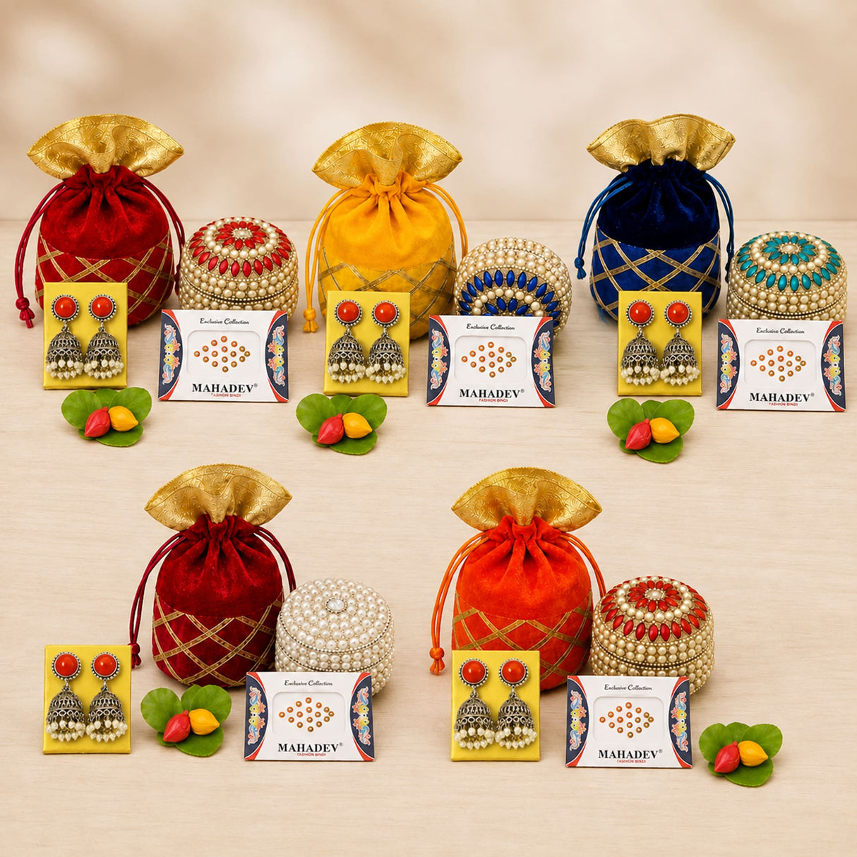 Red velvet drawstring potli bag with gold trim and golden fabric top for varalakshmi vratham gift hamper and pooja returns