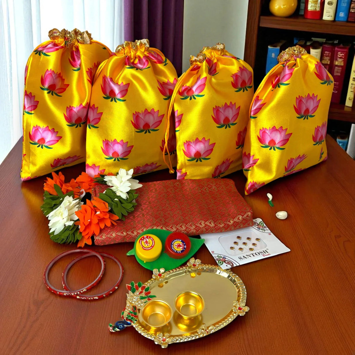Varalakshmi Vratham Gift Hamper Navaratri Vratha Teej Karva Chauth Sankranti Puja Housewarming Return Gifts - Potli Bags Haldi Kumkum Holder Blouse Piece Gajra Bindi Bangles - LoveNspire