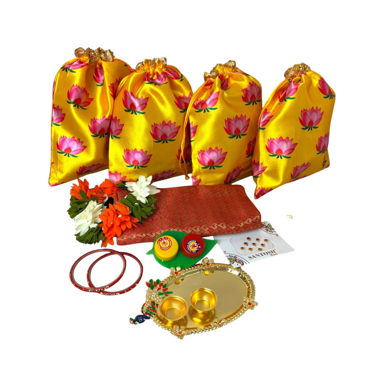 Varalakshmi Vratham Gift Hamper Navaratri Vratha Teej Karva Chauth Sankranti Puja Housewarming Return Gifts - Potli Bags Haldi Kumkum Holder Blouse Piece Gajra Bindi Bangles