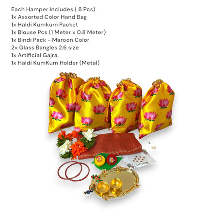 Varalakshmi Vratham Gift Hamper Navaratri Vratha Teej Karva Chauth Sankranti Puja Housewarming Return Gifts - Potli Bags Haldi Kumkum Holder Blouse Piece Gajra Bindi Bangles - LoveNspire