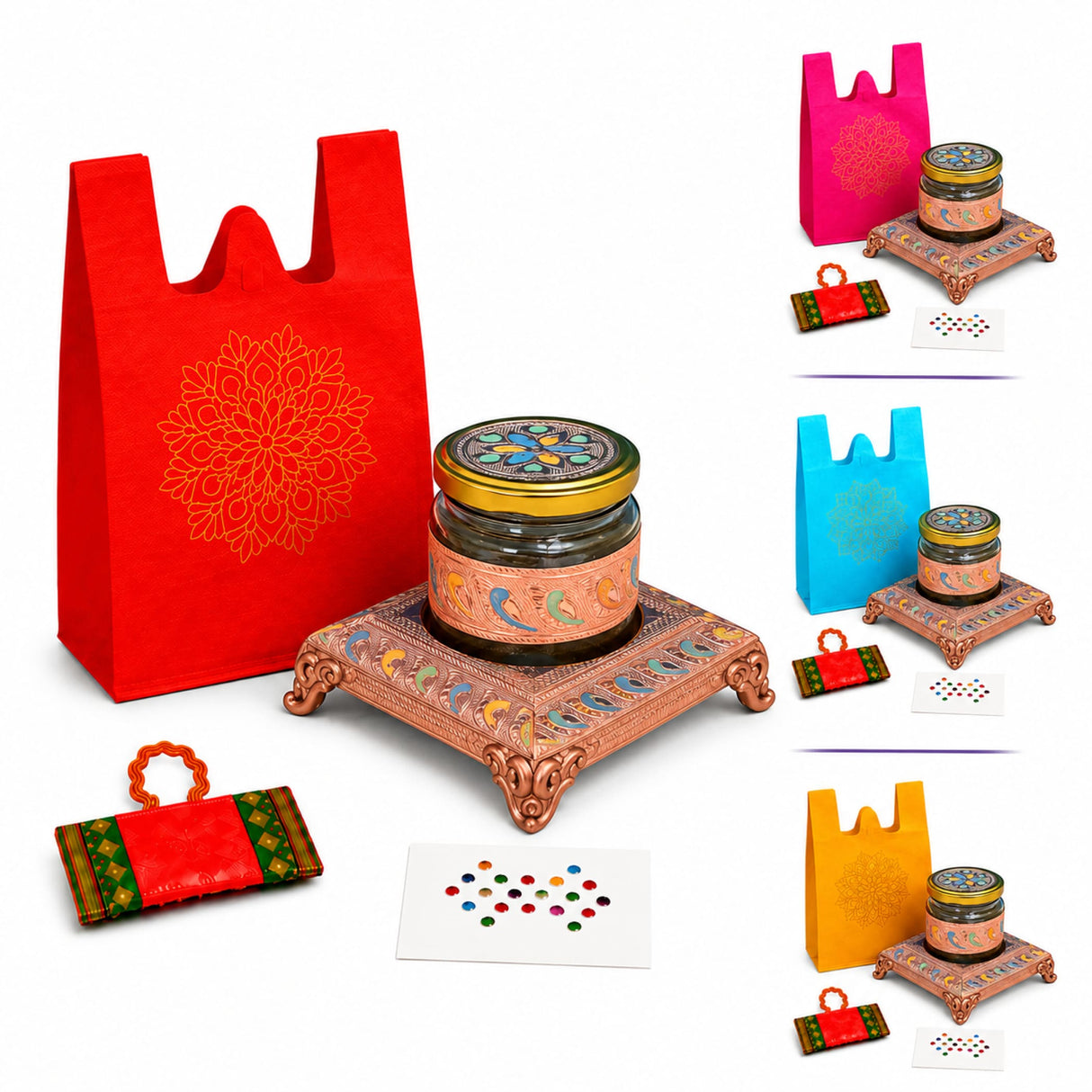 Ornate copper-colored stand with intricate bird and floral designs holding a glass jar with gold enamel lid from varalakshmi vratham gift hamper for women