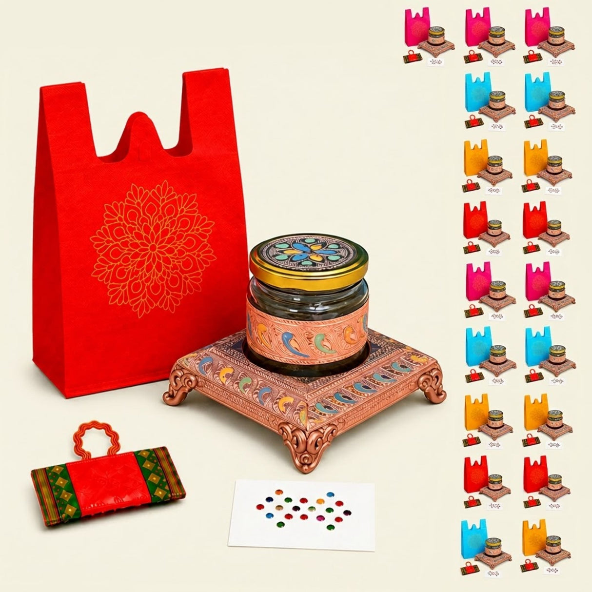 Ornate copper-colored metal stand with floral and bird motifs holding a glass jar with gold lid in Varalakshmi Vratham gift hamper