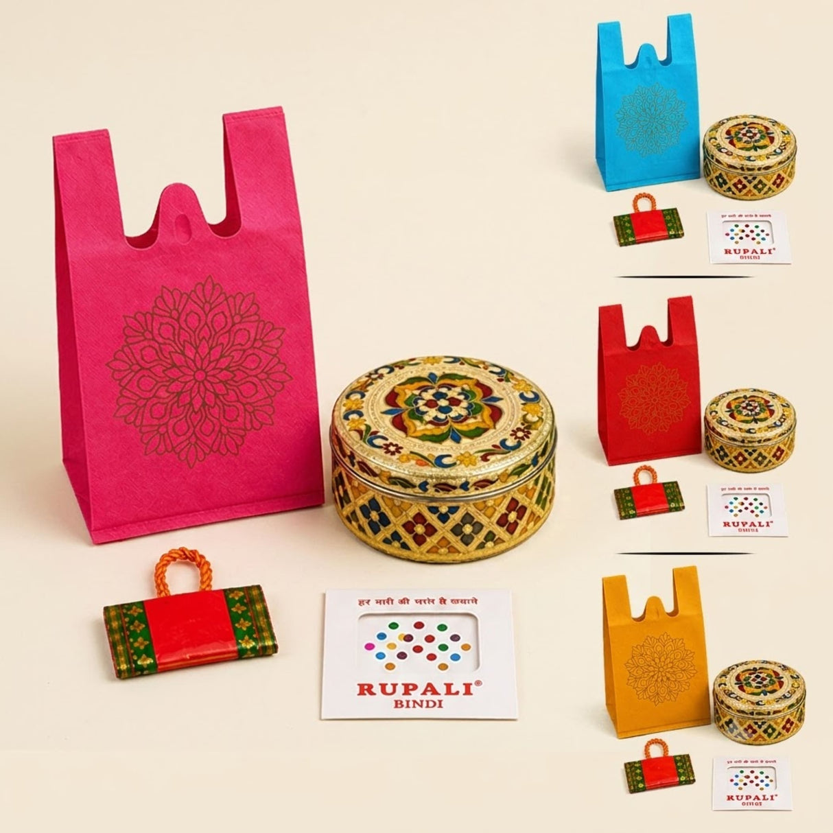 Vibrant pink non-woven paper gift bag with red floral mandala design for varalakshmi vratham gift hamper for women