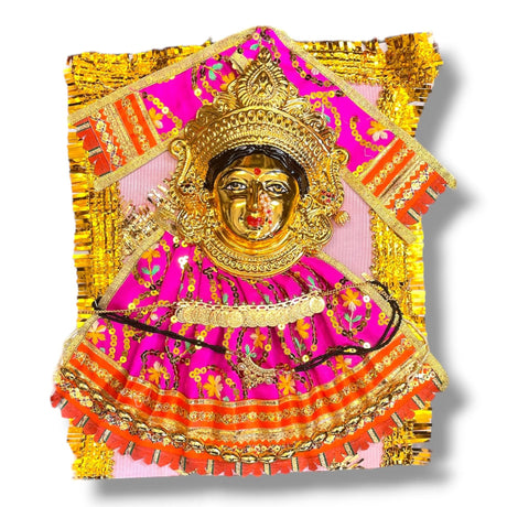 Golden goddess statue with pink and orange embroidered dress for Navaratri Pooja