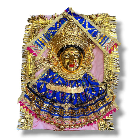 Golden Hindu Goddess Statue with blue and gold adornments for Navaratri and Vratam rituals