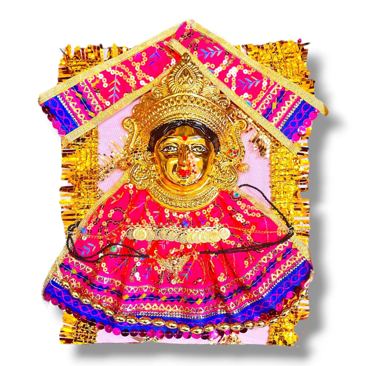 Golden Hindu deity statue with pink and blue embroidered clothing for Navaratri Pooja