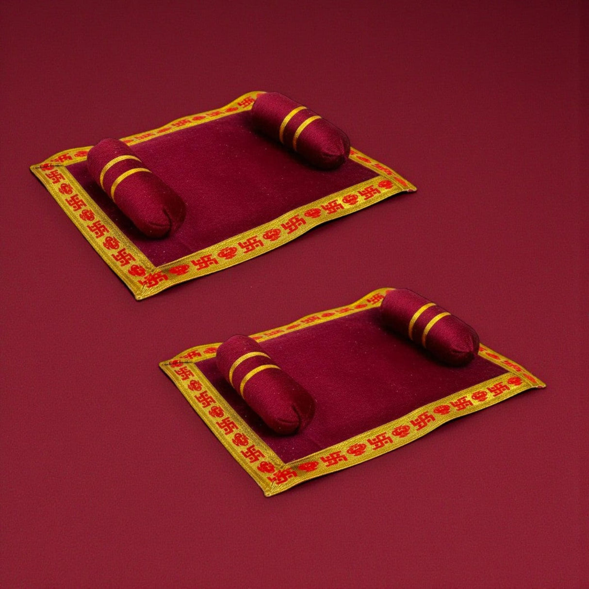 Pack of 2 maroon velvet prayer mats with gold borders and cushions for Laddu Gopal