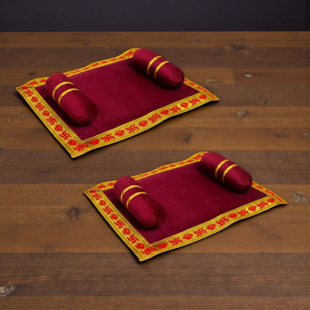 Pack of 2 maroon velvet prayer mats with gold borders and cushions for Laddu Gopal
