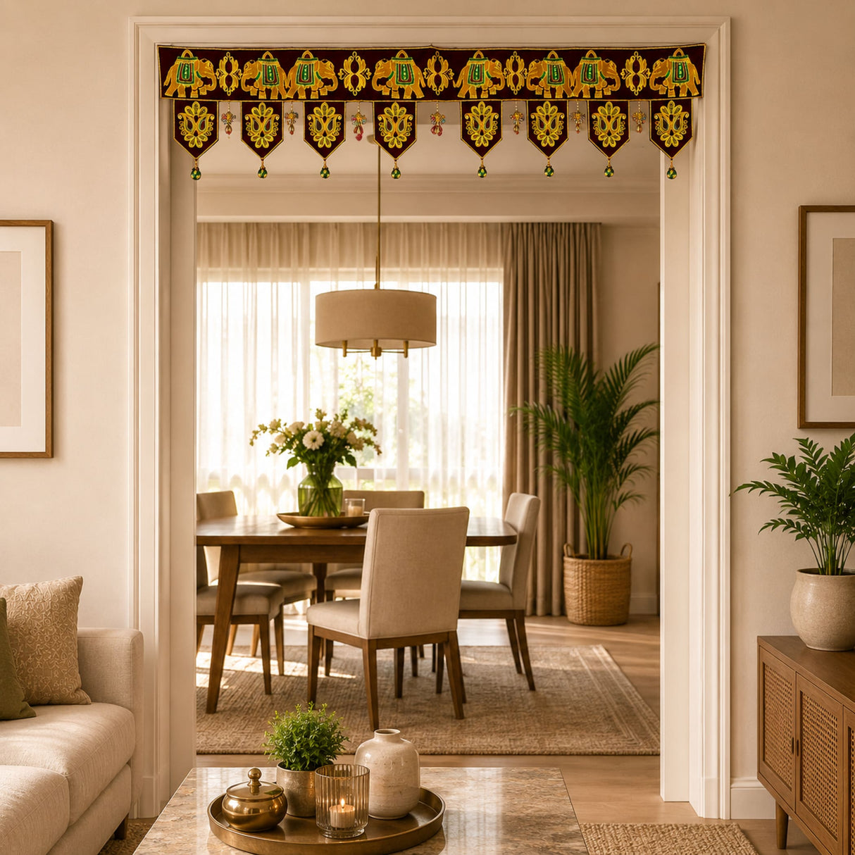 Elephant velvet fabric door and window toran with golden green elephant motifs on dark brown for Indian traditional decor