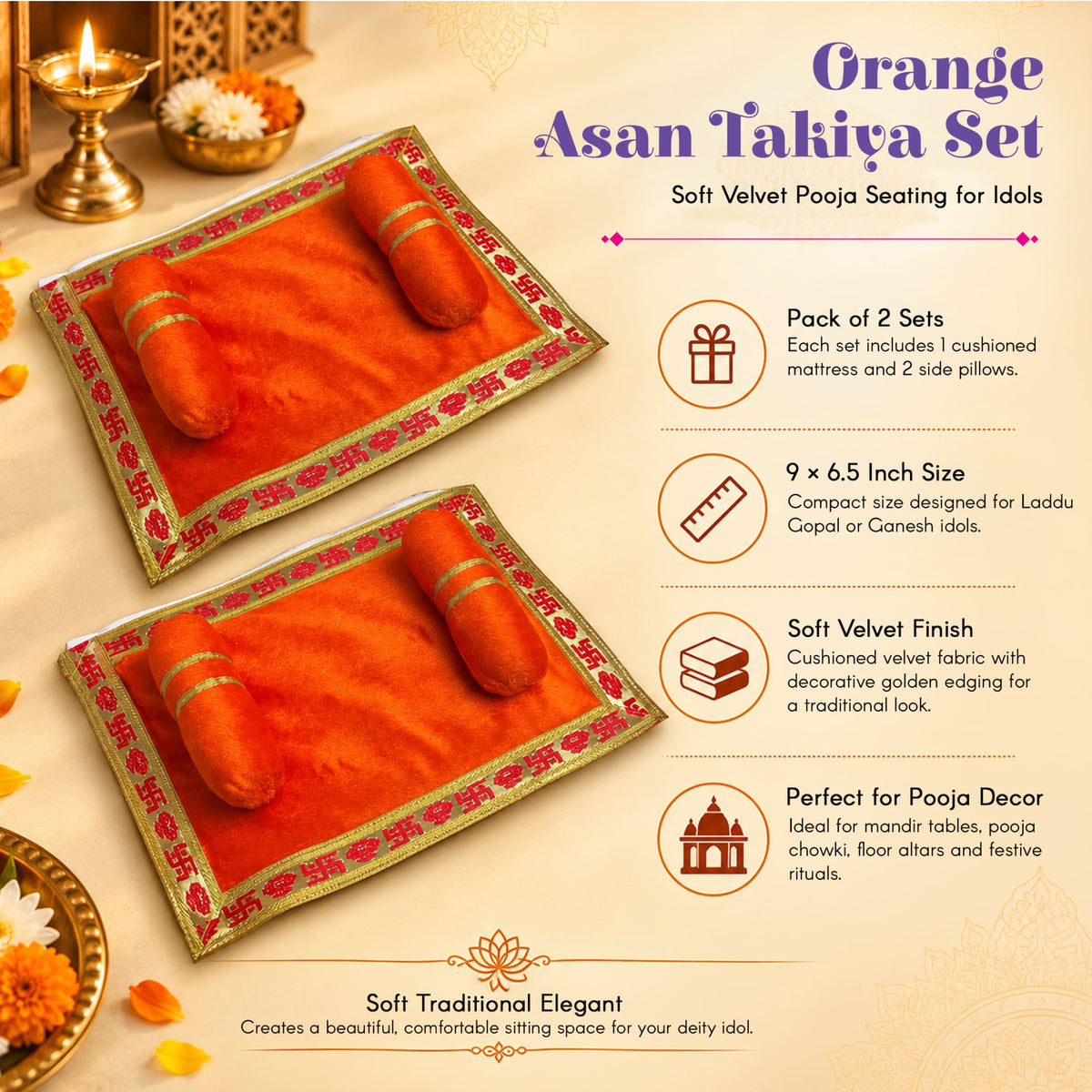 Orange velvet asan takiya set with golden embroidered edges and matching cushioned side pillows for pooja rituals