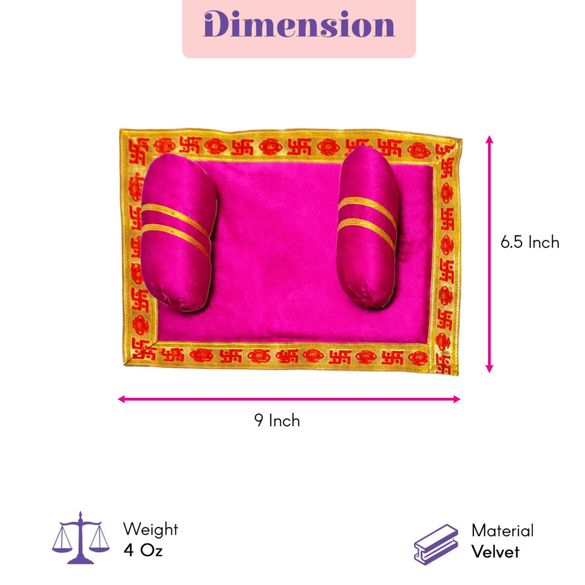 Pack of 2 vibrant pink velvet pooja aasan and pillow set with gold trim and traditional swastika pattern for laddu gopal rituals