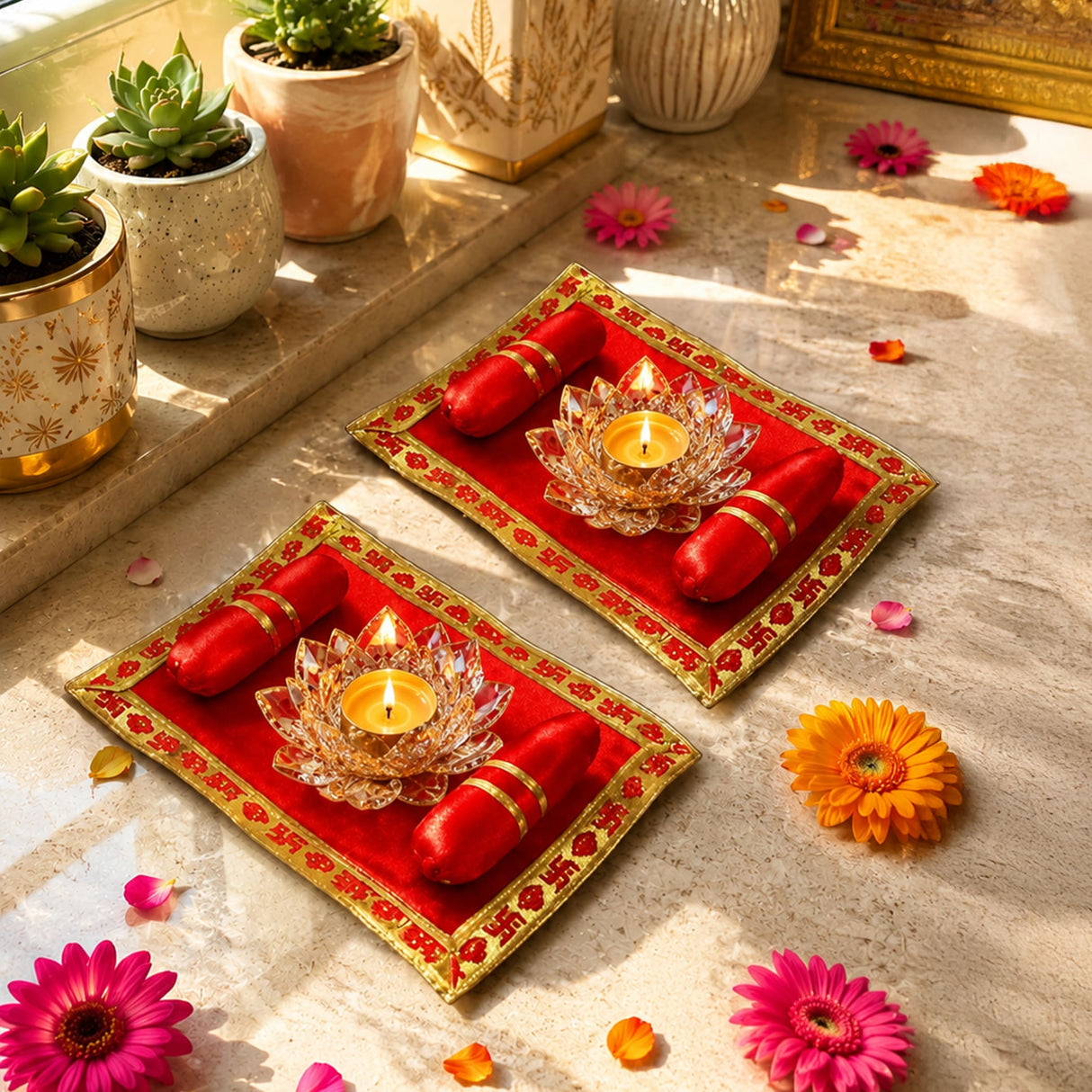 Pack of 2 red velvet pooja aasan trays with gold embroidery holding clear crystal lotus candle holders for laddu gopal rituals