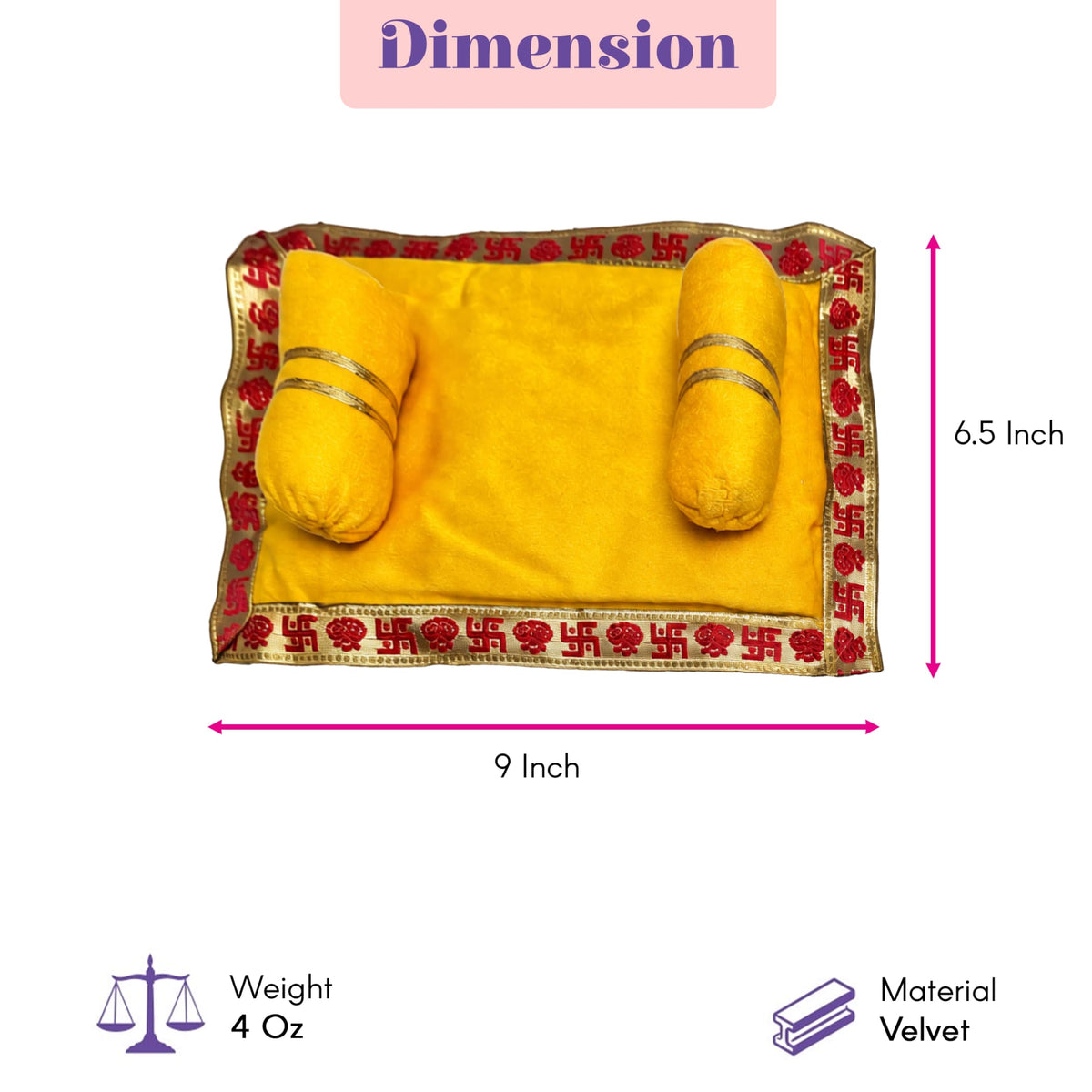 Yellow velvet pooja aasan with gold and red embroidered border and two matching cylindrical pillows for laddu Gopal rituals